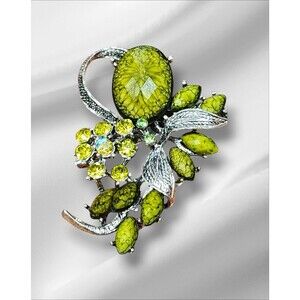 Vintage Style Lime Green Floral Brooch Silver Tone‎ Rhinestone Botanical Pin